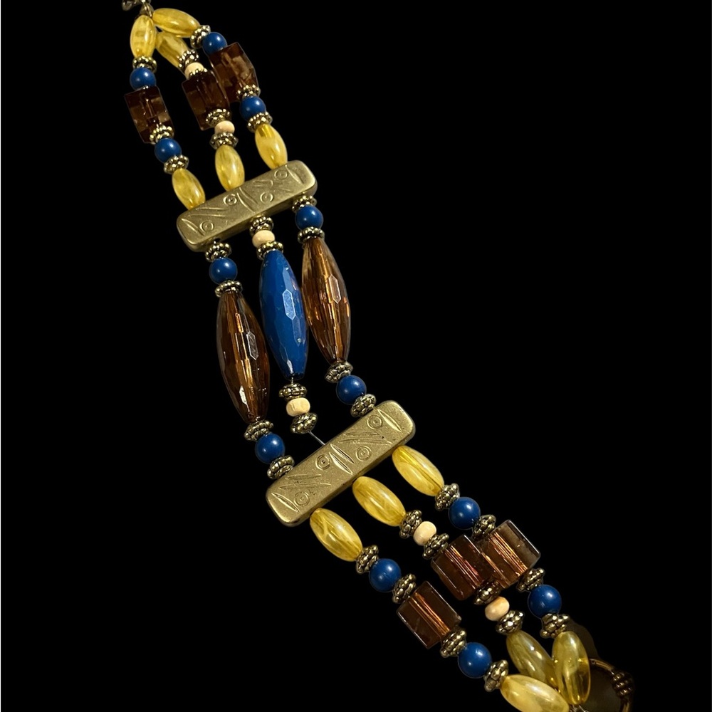 Vintage Lucite Faceted Bead Bracelet Toggle Closure Blue Brown Yellow Boho  GLOW